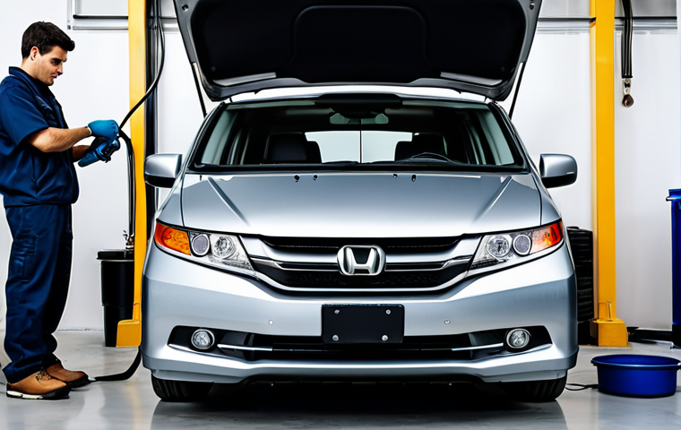 A professional mechanic, fully clothed in work attire, performing an oil change on a Honda Odyssey in a clean garage. Safe for work, appropriate content, perfect anatomy, professional setting.
