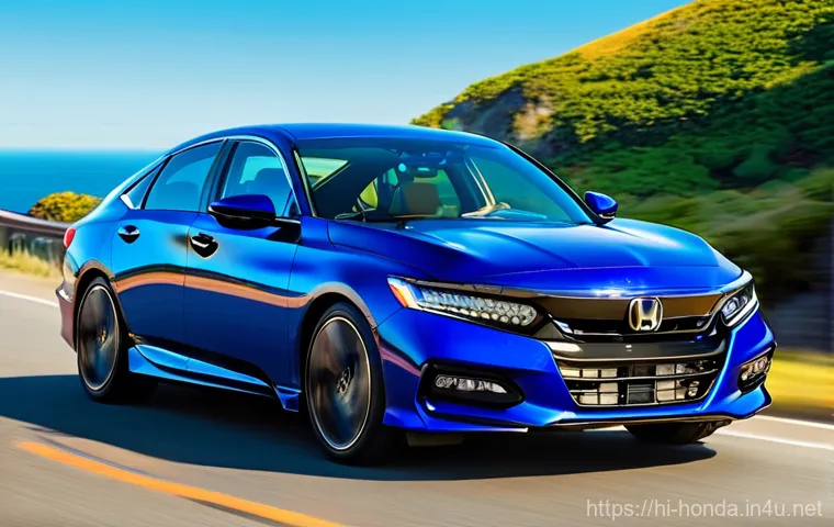 혼다 어코드 스포츠 모델 리뷰 - **Prompt:** "A sleek and sporty Honda Accord Sport, in a vibrant metallic blue color, is captured at...