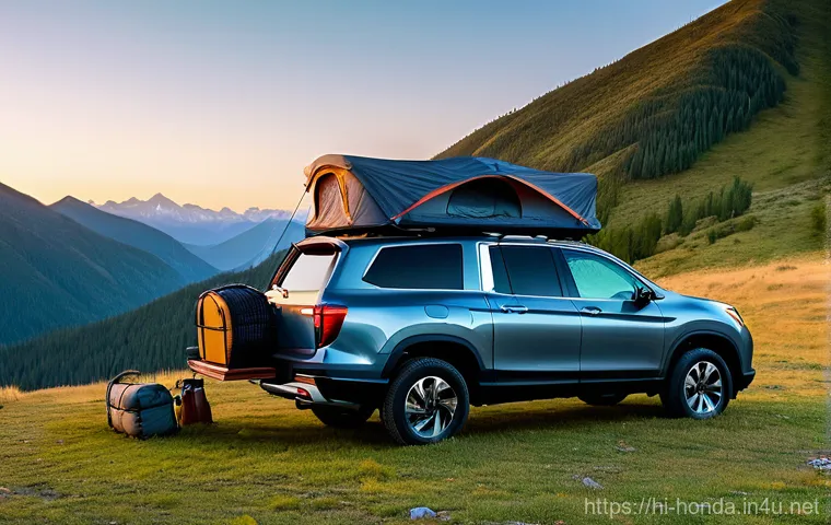 혼다 리지라인의 캠핑 액세서리 추천 - Prompt 1: Serene Mountain Morning with Rooftop Tent**