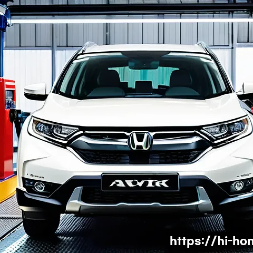 혼다 CR V의 유지보수 비용 - A detailed and realistic workshop scene showing a Honda CR-V undergoing routine maintenance inside a...