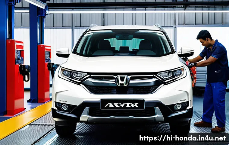 혼다 CR V의 유지보수 비용 - A detailed and realistic workshop scene showing a Honda CR-V undergoing routine maintenance inside a...