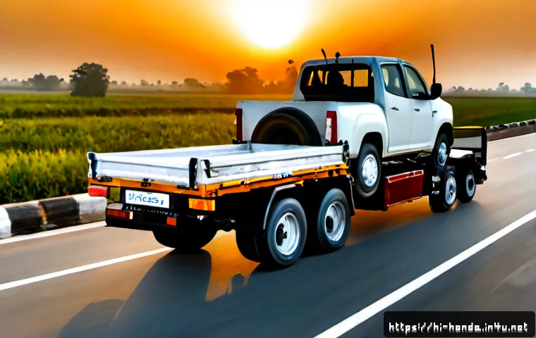혼다 리지라인의 견인력 평가 - Photorealistic unbranded midsize crew-cab pickup truck towing a loaded dual-axle utility trailer on ...