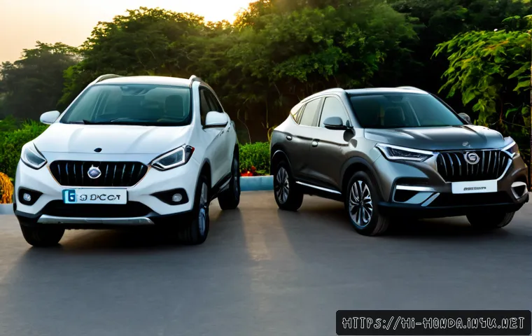 혼다 HR V와 도요타 코롤라 크로스 비교 - Photorealistic side-by-side comparison of two modern compact crossover SUVs, one sleek and sporty wi...