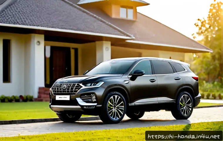 혼다 파일럿의 최신 모델 트림 - Photorealistic unbranded modern three-row midsize SUV in a premium top-trim appearance, parked on a ...